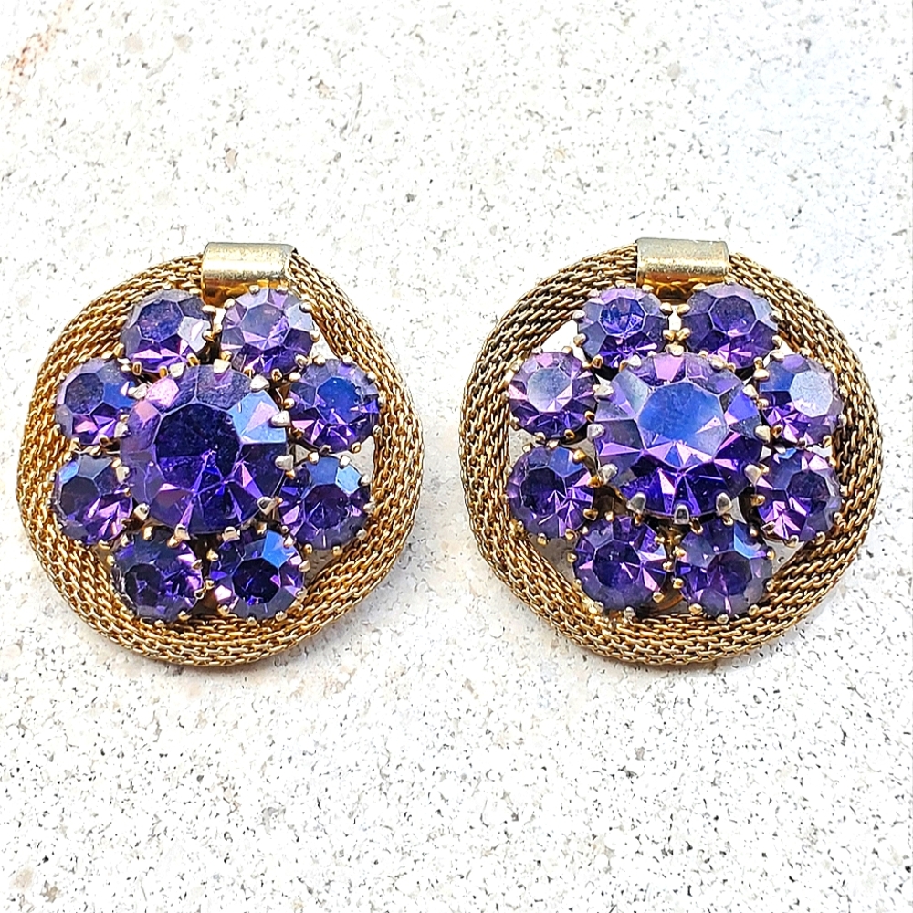 Vintage Amethyst Rhinestone Cluster Clip Earrings